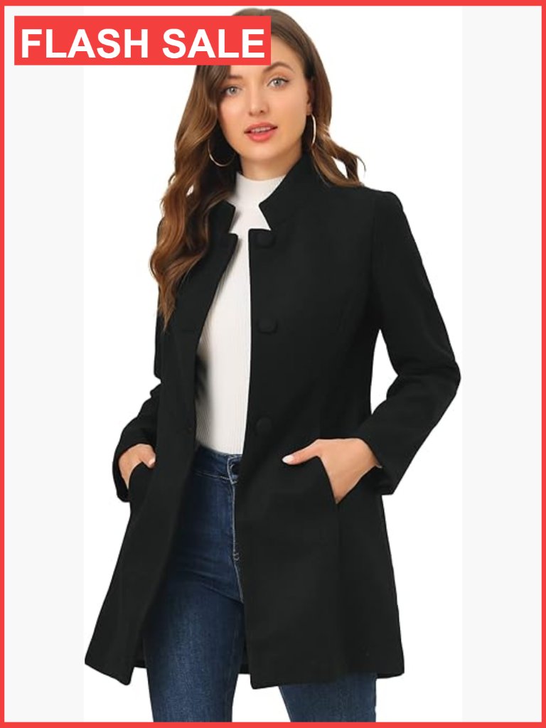 Winter Overcoat Stand Collar Pea Coat Mid-Long Wool Blend Fully Lined